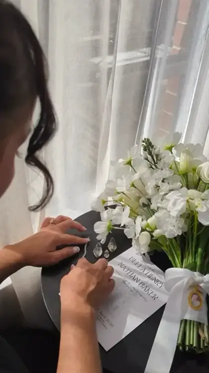 Tying the tag on the bouquet